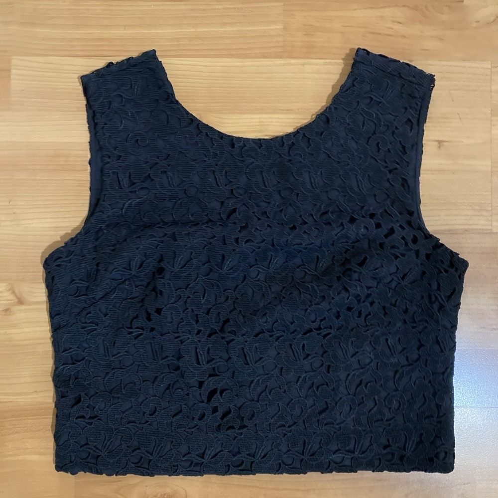 J. Crew Black Crochet Lace Sleeveless Top Deep V Back Buttons Lined Size 8